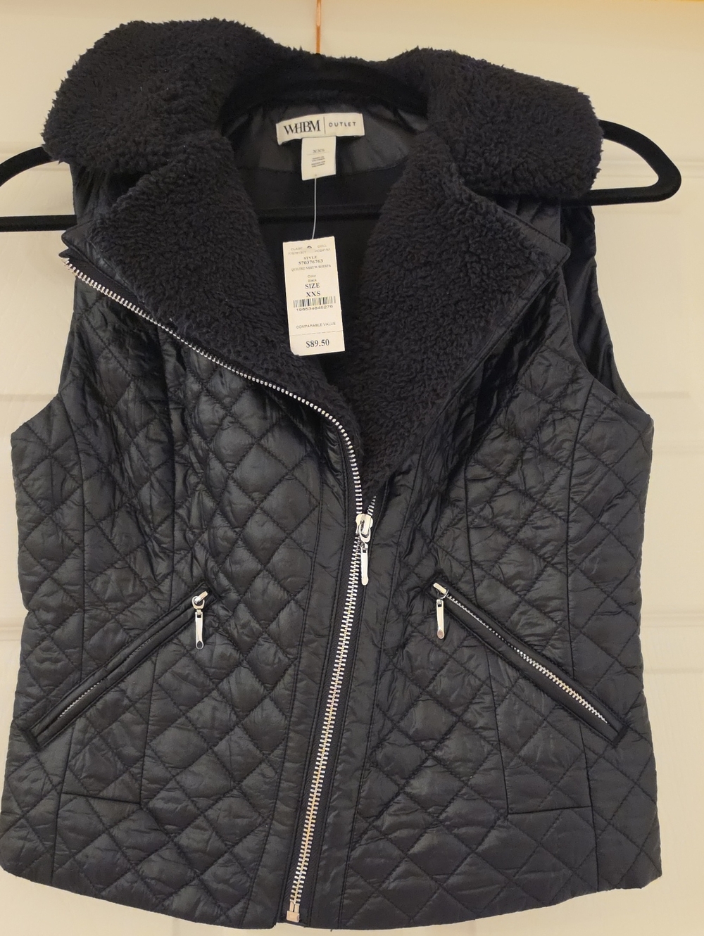 White House Black Market Black Quilted Faux-Shearling Collar Vest